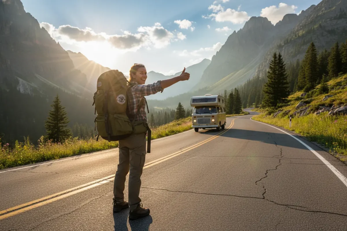 Viajante pedindo carona na estrada com mochila.