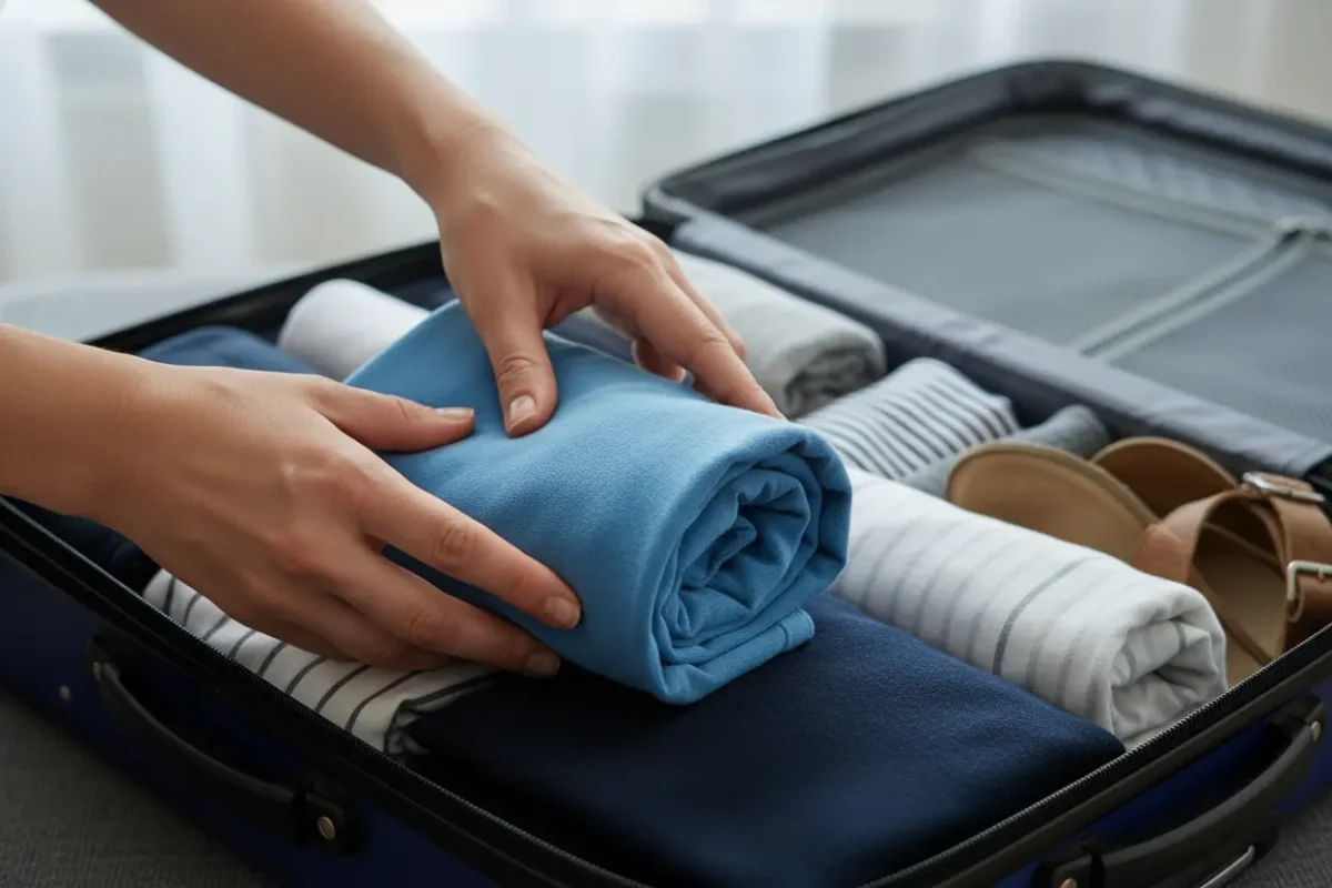 Dobrando roupas usando a técnica roll-up para otimizar espaço