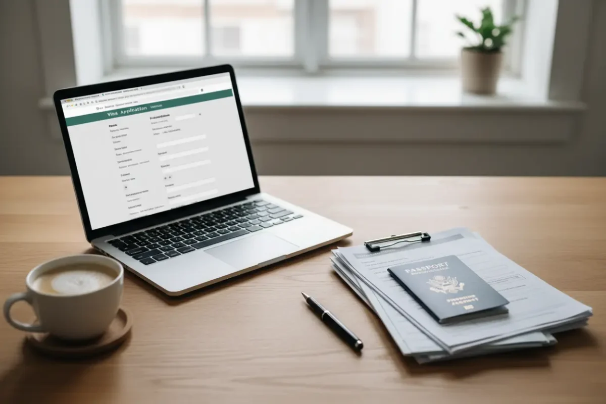 Processo de visto, documentos organizados para viagem.