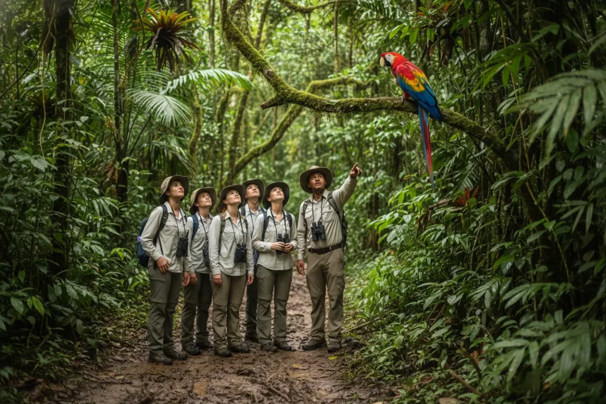 Turistas fazendo trilha de observação de fauna e flora na Amazônia