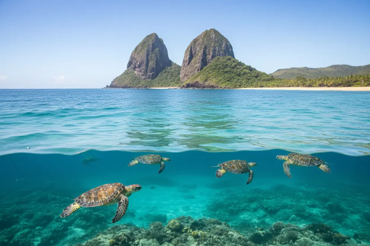 Fernando de Noronha, Morro Dois Irmãos, mar azul.