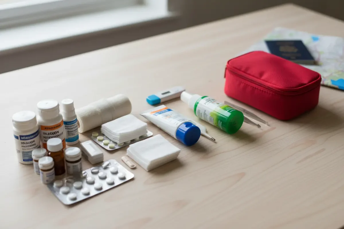Kit de primeiros socorros com medicamentos essenciais para viagem