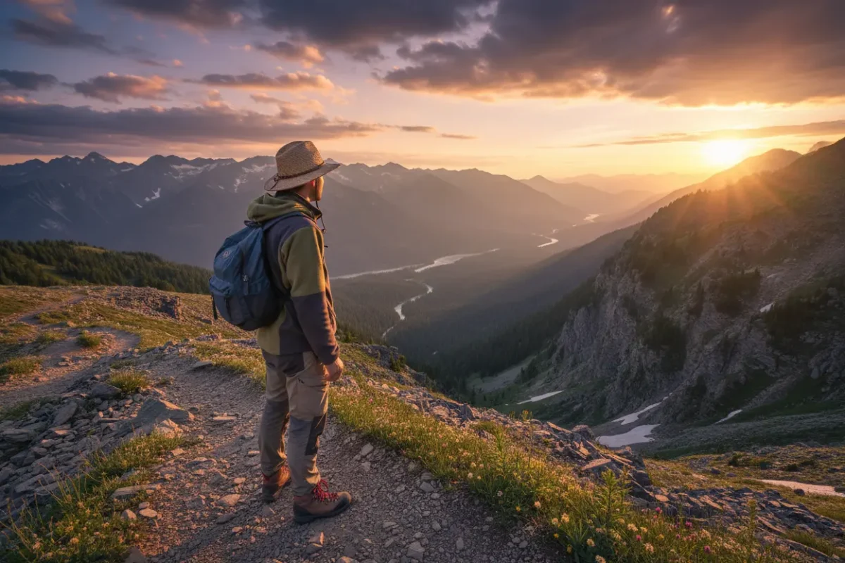 Viajante em trilha com mochila e roupas em camadas