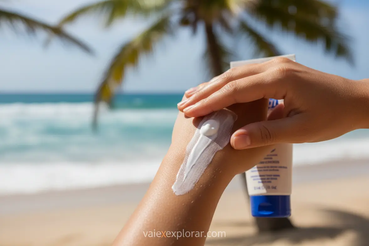 Itens essenciais de proteção solar e higiene pessoal para viagens.