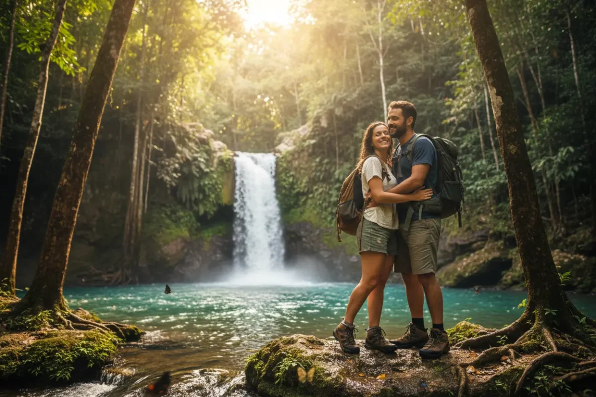 Casal abraçado admirando cachoeira em Bonito.