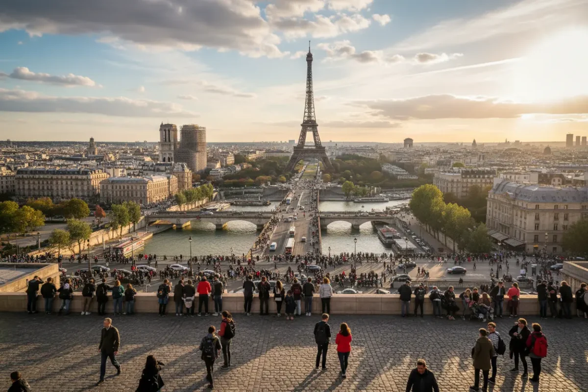 Vista panorâmica de uma cidade europeia histórica ao pôr do sol