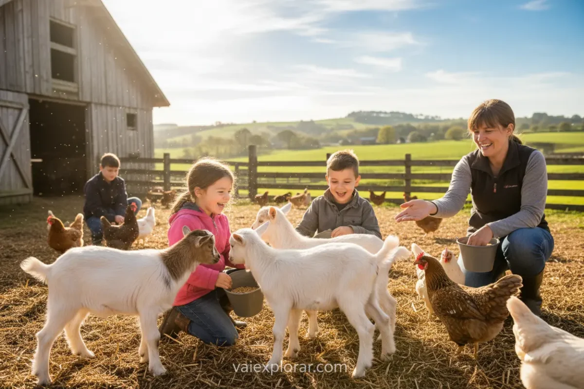 Crianças alimentando animais em fazendinha de hotel fazenda