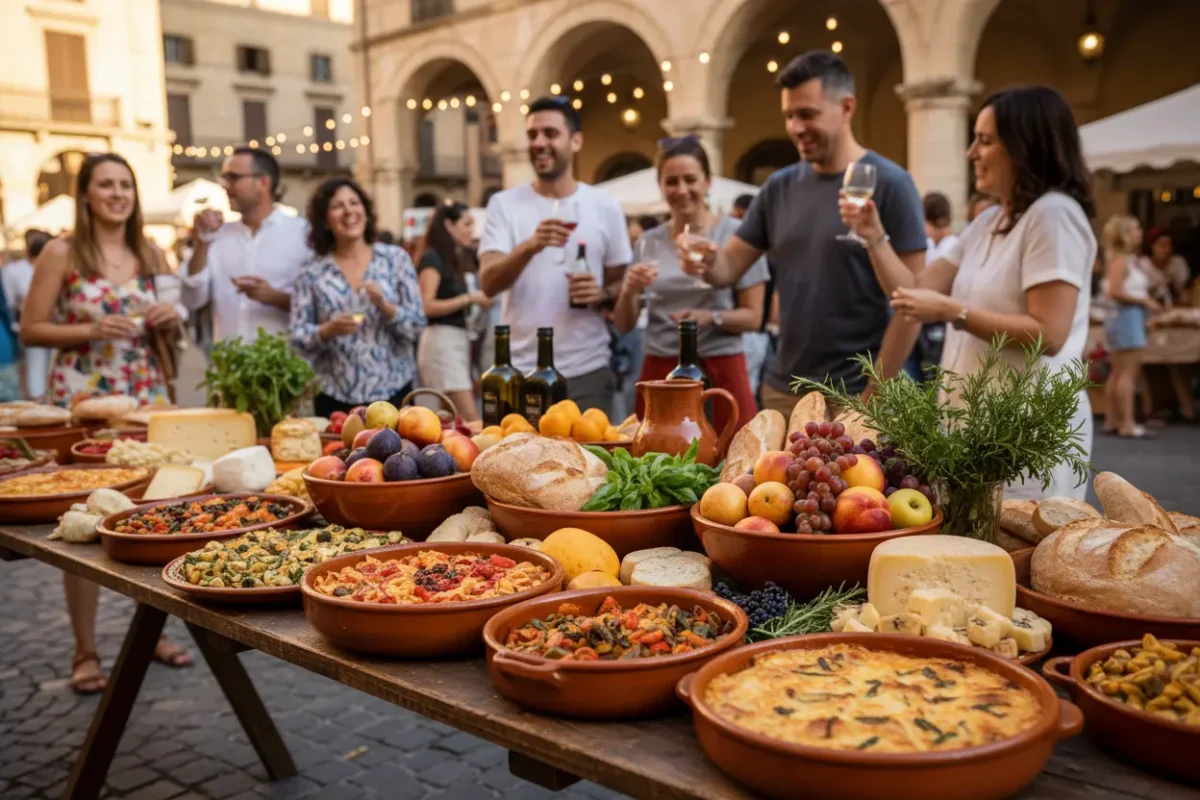 Pessoa comprando frutas frescas em um mercado de rua europeu movimentado