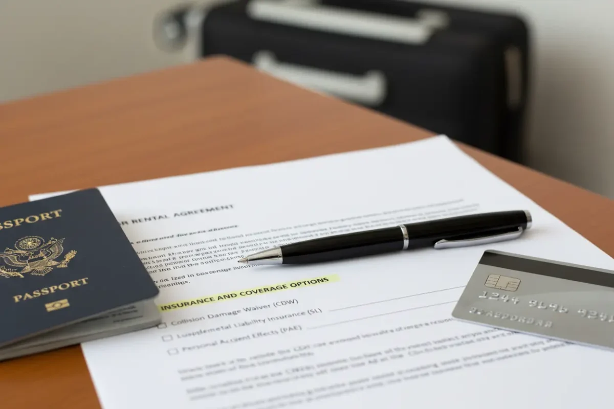 Documentos e apólices de seguro para locação de veículos.