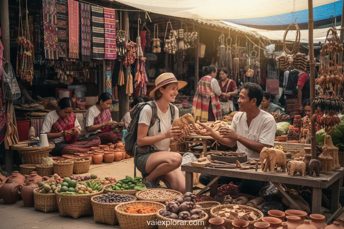Viajantes interagindo com a cultura local de forma sustentável.