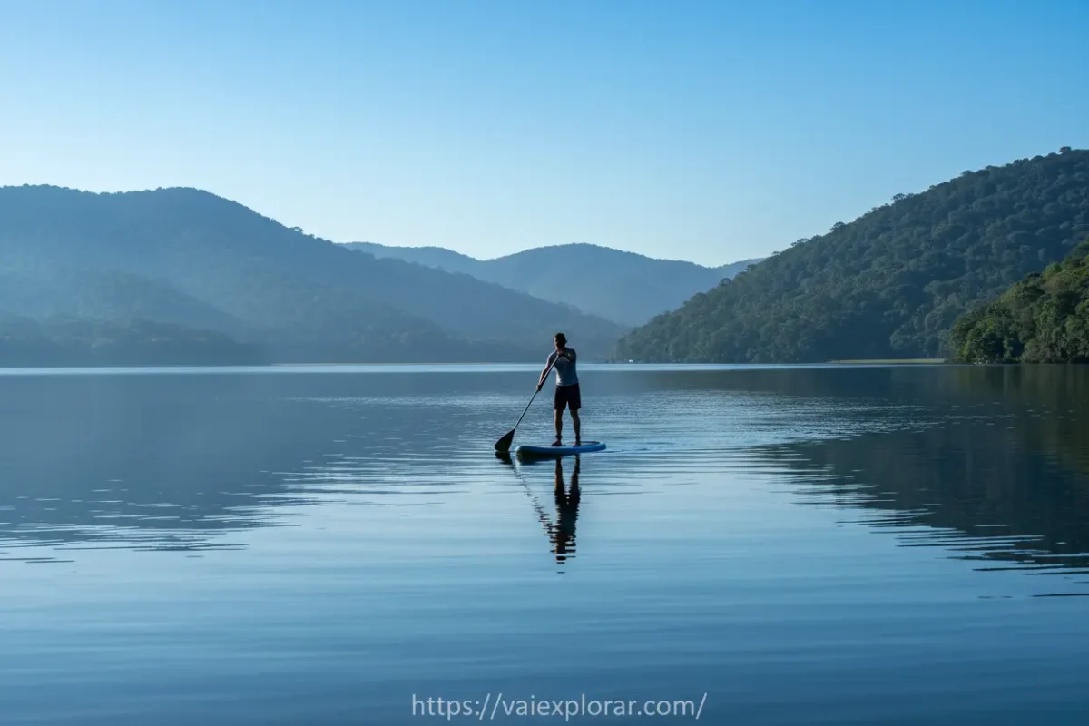 Pessoa praticando stand-up paddle na Lagoa da Conceição