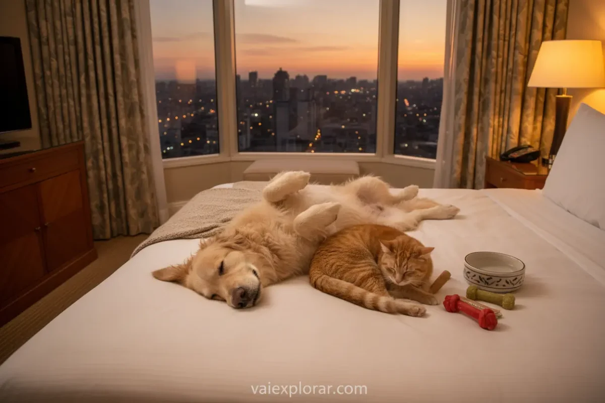 Quarto de hotel confortável e luxuoso para pet viajante.