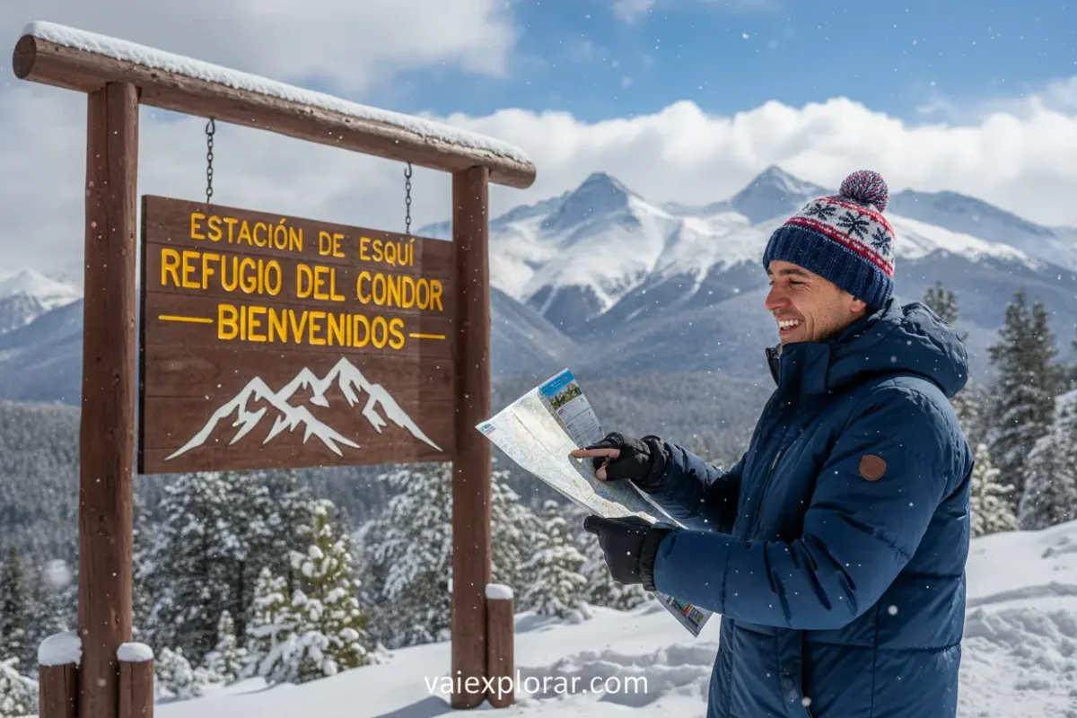 Viajante com roupas térmicas e montanhas nevadas ao fundo.