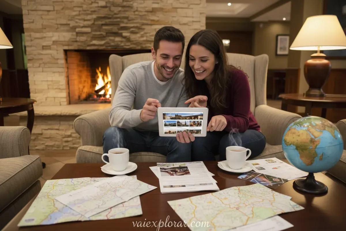 Casal escolhendo hotel ideal com meia pensão para viagem