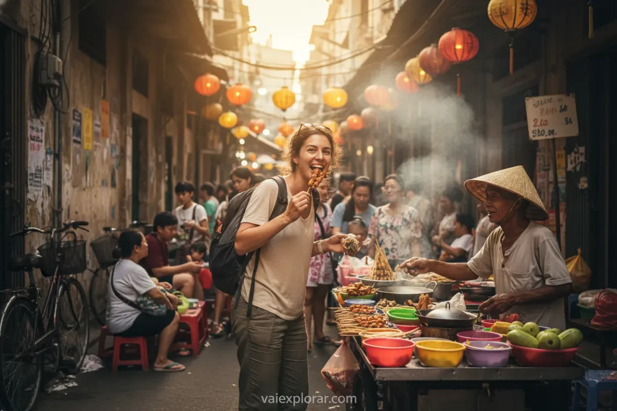 Viajante solo economizando dinheiro comendo comida de rua.