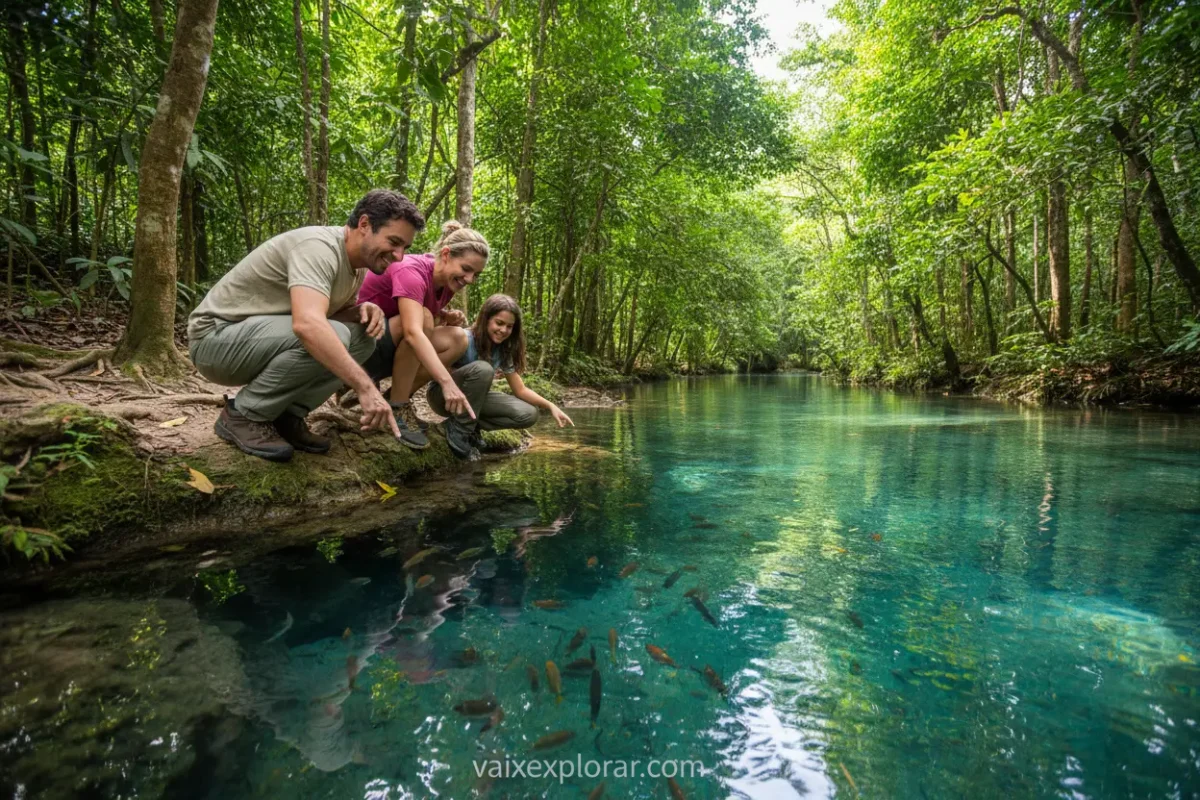 Família fazendo flutuação em Bonito, ecoturismo.