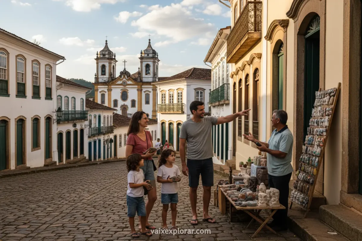 Família explorando Ouro Preto, aprendendo sobre a história.