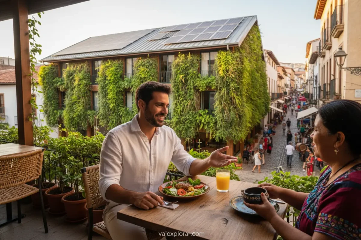 Hotel sustentável com design moderno e cultural.
