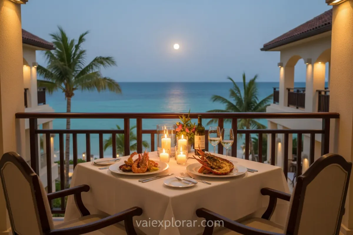 Jantar romântico privativo em resort de luxo no Caribe.