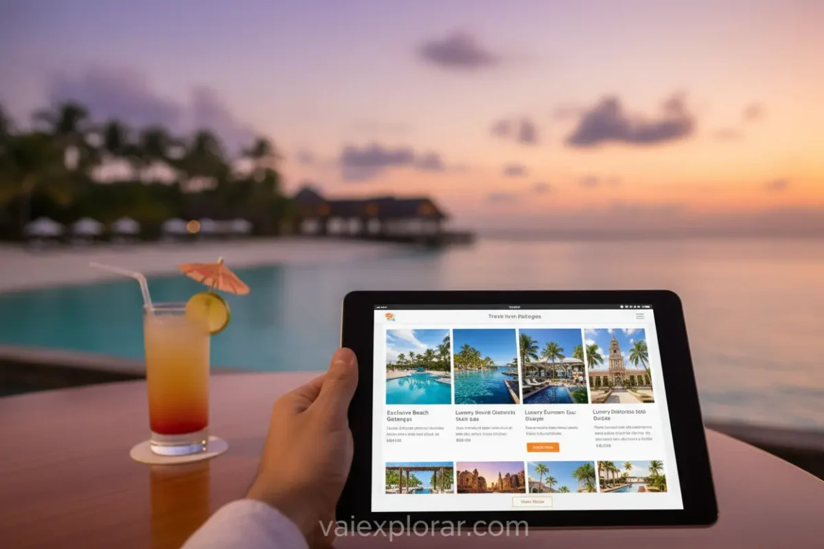 Mulher feliz olhando ofertas exclusivas de viagem