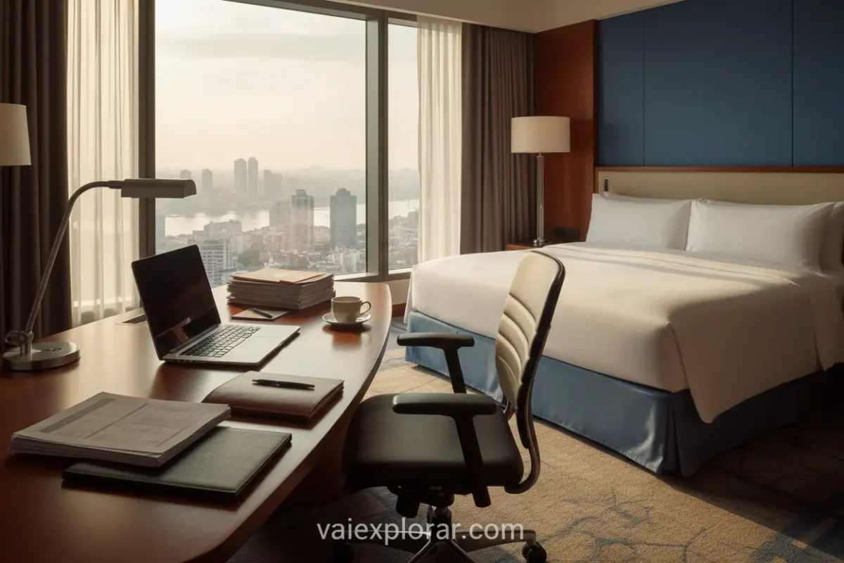 Quarto de hotel com mesa de trabalho e laptop.