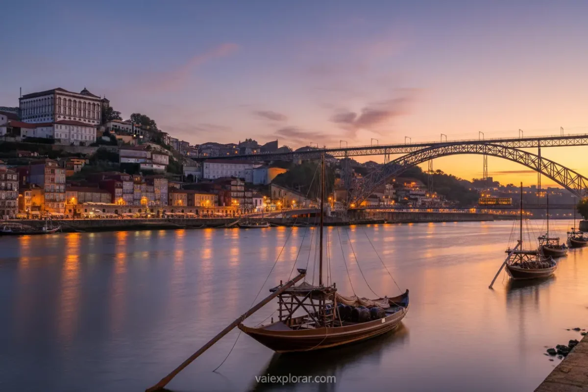 Entardecer na Ribeira do Porto com barcos rabelos no rio Douro.