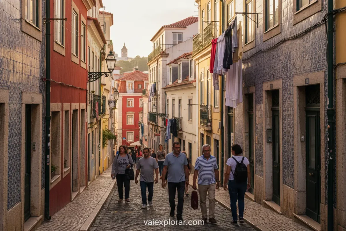 Rua histórica e estreita no bairro de Alfama, Lisboa.