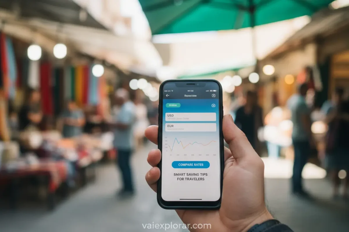 Pessoa pesquisando cotações de câmbio em um smartphone para economizar.