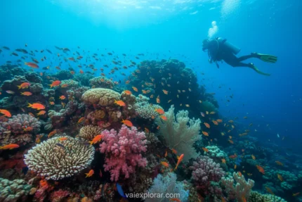 Recife de coral vibrante com peixes coloridos e mergulhador