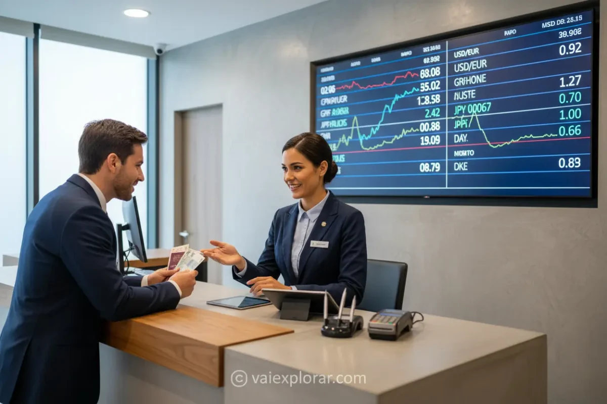 Comparação de locais para trocar dinheiro: bancos, casas de câmbio e aeroportos.