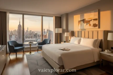 Quarto de hotel luxuoso com vista panorâmica do skyline de Nova York ao pôr do sol.