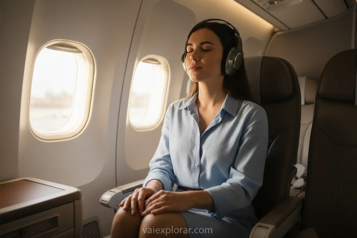 Relaxamento no Avião Passageiro em avião usando fones de ouvido e meditando para relaxar.