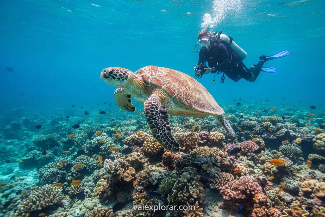 Mergulhador com tartaruga marinha na Grande Barreira de Corais