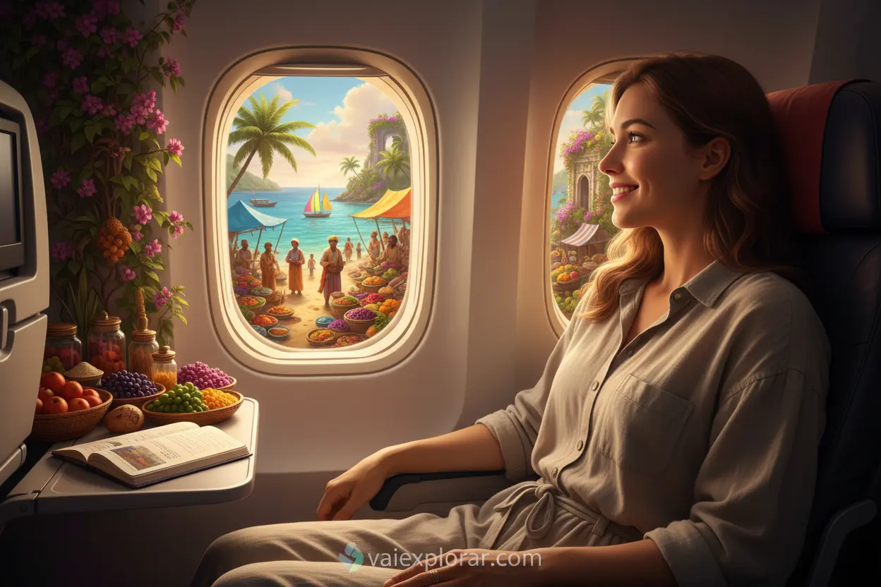 Visualizando a Viagem Perfeita Viajante em avião com sorriso, imaginando um destino turístico vibrante.