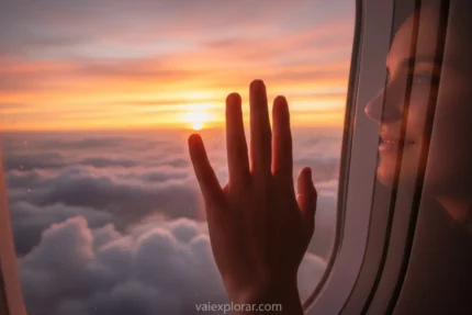 Mão tocando a janela do avião com pôr do sol, simbolizando a superação do medo de avião.