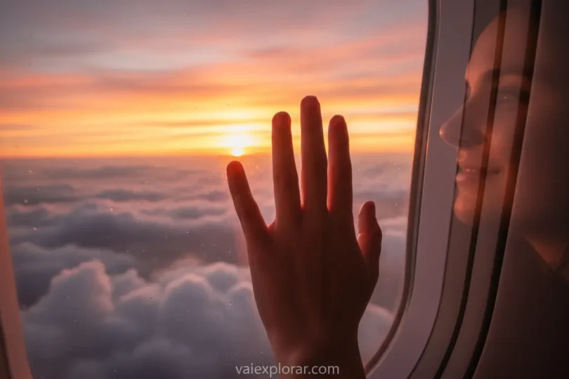 Mão tocando a janela do avião com pôr do sol, simbolizando a superação do medo de avião.