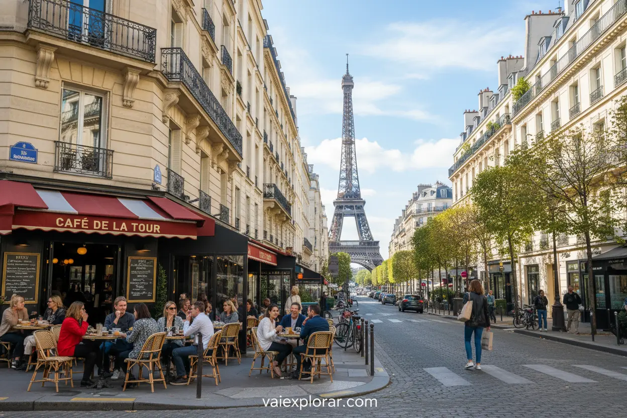 Rua charmosa no 7º Arrondissement de Paris, perto da Torre Eiffel.