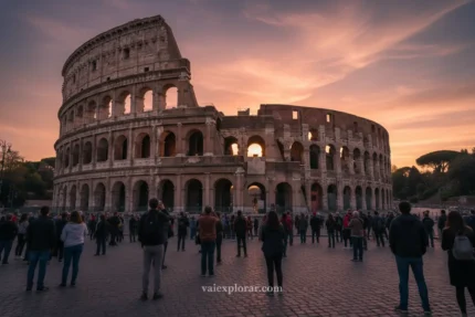 Coliseu em Roma ao entardecer, com turistas.