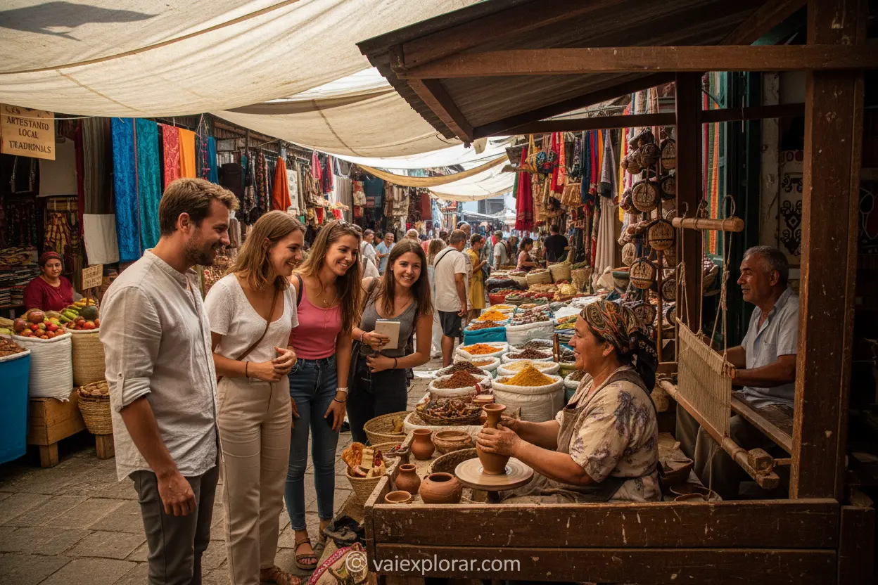Turistas interagindo com artesãos locais, promovendo o turismo sustentável.