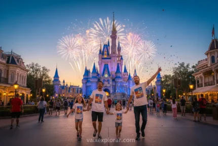 Família na Disney com fogos de artifício
