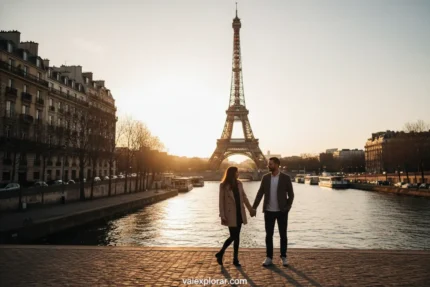 Casal romântico com a Torre Eiffel ao fundo em Paris.