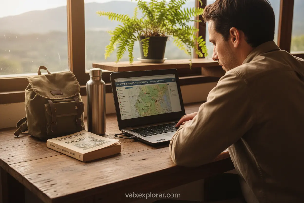 Viajante planejando uma viagem com foco em sustentabilidade.