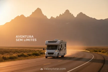Motorhome branco moderno em estrada cênica nos EUA ao pôr do sol