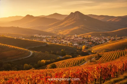 Vinhedos coloridos na Serra Gaúcha ao pôr do sol