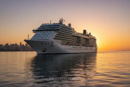 Navio de cruzeiro partindo do porto de Santos ao entardecer.