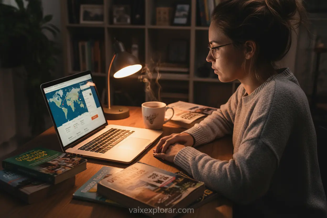 Estratégias para Encontrar Voos Noturnos Pessoa pesquisando voos no laptop à noite.