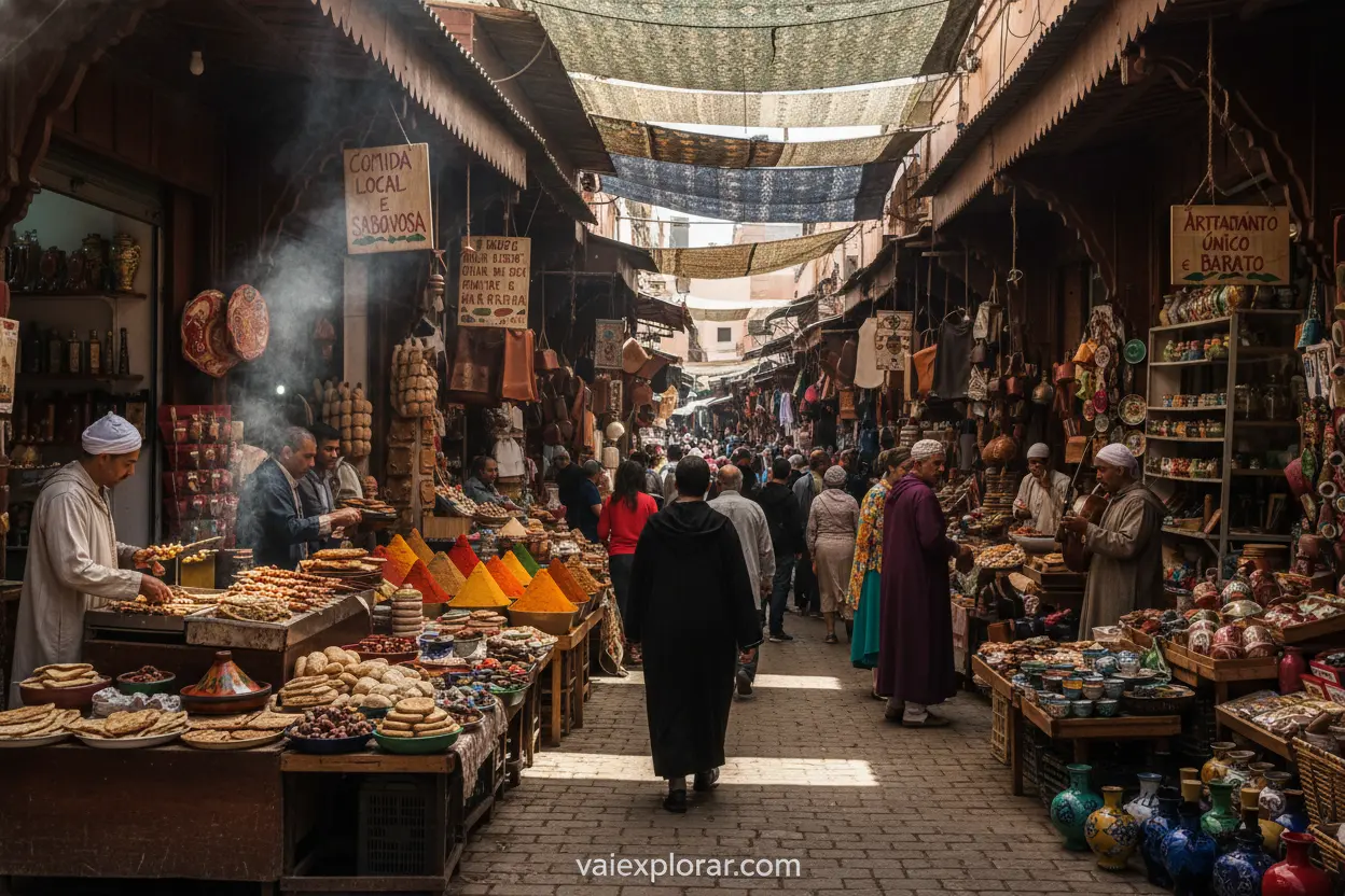 Explorando Cultures com Orçamento Reduzido Mercado de rua exótico com pessoas e comida local.