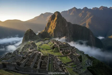 Machu Picchu ao nascer do sol com névoa