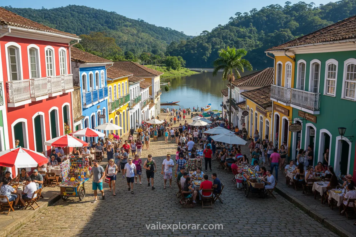 Rua histórica de Morretes com restaurantes e o rio