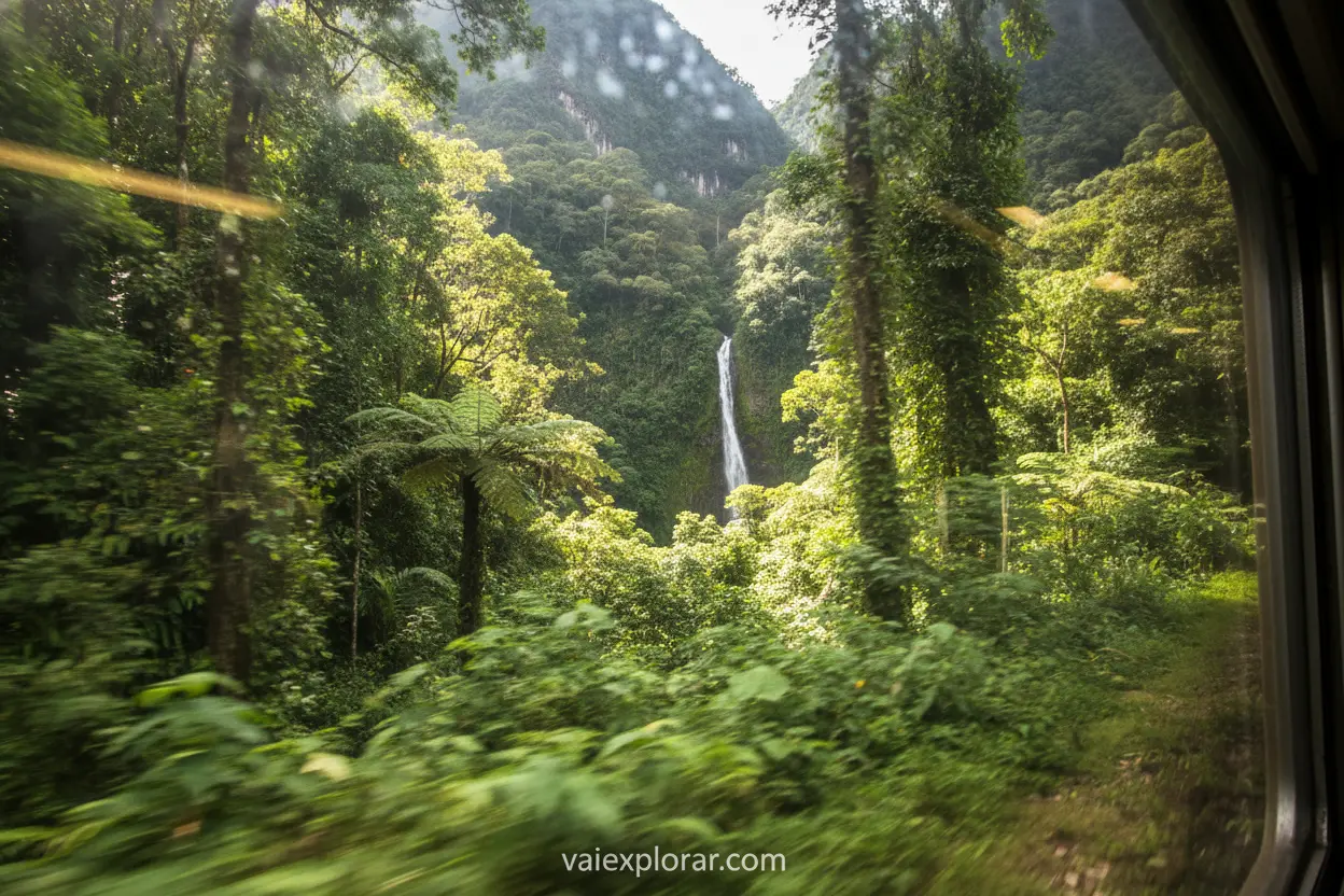 Mata Atlântica e cachoeira vistas da janela do trem Curitiba Morretes